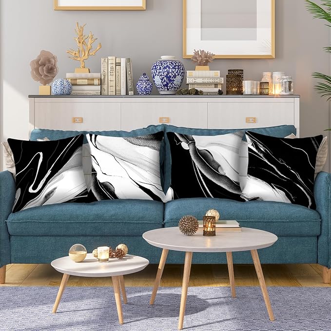 HOSTECCO Black and White Throw Pillow Covers 18x18 inch Set of 4 Marble Abstract Pillow Cases Modern Decorative Cushion Covers for Sofa Couch Office Car