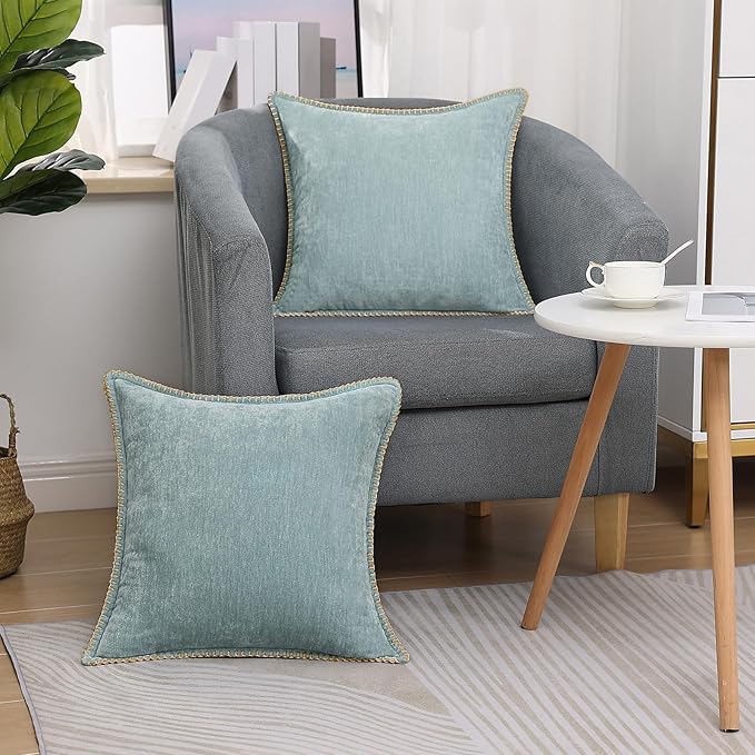 decorUhome Summer Chenille Soft Cozy Throw Pillow Covers 16x16 Set of 2, Modern Farmhouse Boho Velvet Decorative Pillow Cases with Stitched Edge for Couch Sofa Bed Home Decor, Aqua Haze