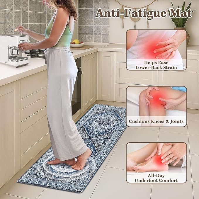 Arttown Kitchen Mats for Floor 2Pcs-Anti Fatigue Non Slip Mats for Kitchen Floor, Cushioned Waterproof & Stain-Resistant Boho Mat Set, Laundry Room, Office, Sink, Desk (Blue)