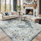 Lessymo Large Area Rugs 9x12 for Living Room, Soft Washable Rug for Bedroom Dining Room Nursery Room Farmhouse, Boho Non Slip Low Plie Carpet Vintage Floral Design, Blue Grey/Beige