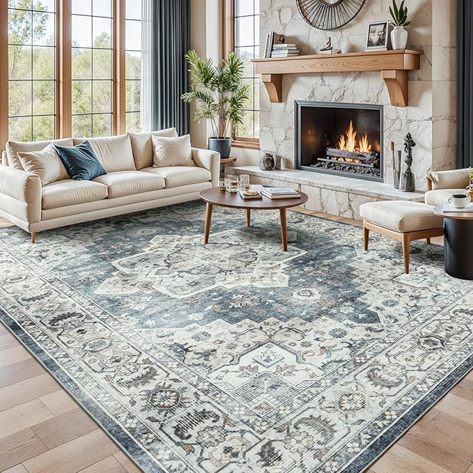 Lessymo Large Area Rugs 9x12 for Living Room, Soft Washable Rug for Bedroom Dining Room Nursery Room Farmhouse, Boho Non Slip Low Plie Carpet Vintage Floral Design, Blue Grey/Beige
