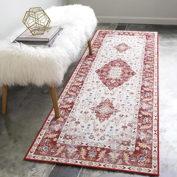 Amearea Vintage Design Runner Rugs for Living Room, 2x6 Machine Washable Floral Collection Traditional Bedroom Rug, Low Pile Cute Kids Room Print Carpet, No Slip Office Kitchen Home Decor, Red