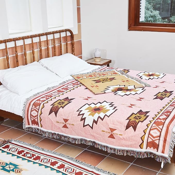 Snycler Boho Throw Blanket for Bed 50 * 60inch Woven Blanket Cotton Polyester Farmhouse Decor for Indoor Outdoor Sofa Bedroom Garden，All Season(Pink)