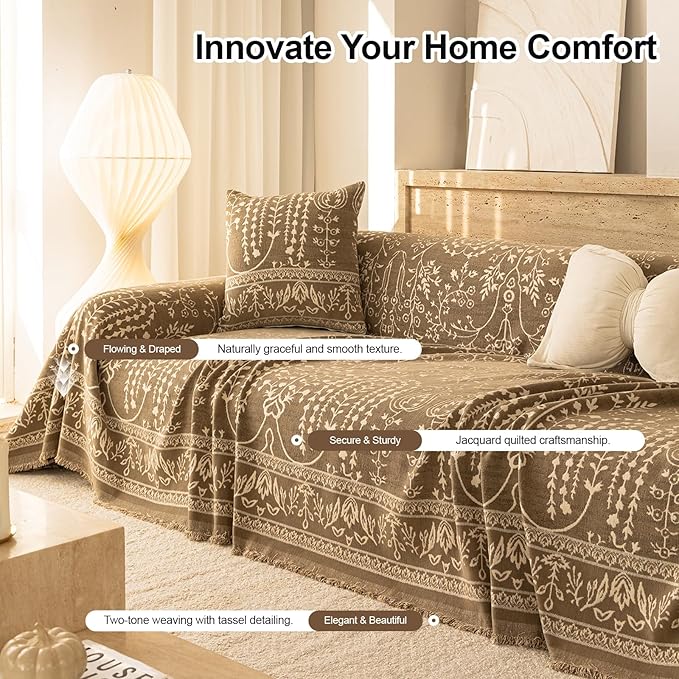 ROOMLIFE Couch Cover Boho Sofa Covers for 3 Cushion Couch Washable, Furniture Protector Sofa Couch Cover for Dogs, Soft Breathable Sofa Slipcover, Couch Throw Blankets with Tassels 71''X134''