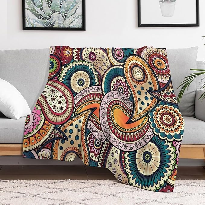 Indian Boho Throw Blanket Mandala Design Colorful Bohemian Floral Paisley Blanket for Sofa Bed Couch Chair Or Dorm 60"x80"