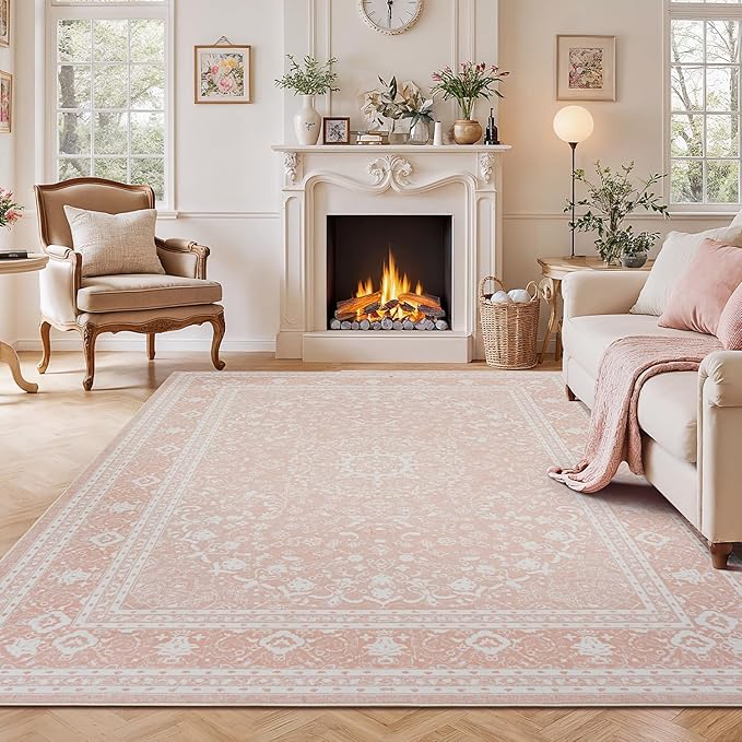 Lessymo 5x7 Area Rugs- Machine Washable Area Rugs, Super Soft Faux-Wool Area Rug for Living Room Bedroom, Boho Area Rug Vintage Floral Medallion Non-Slip Low Pile, Kid & Pet Friendly, Pink