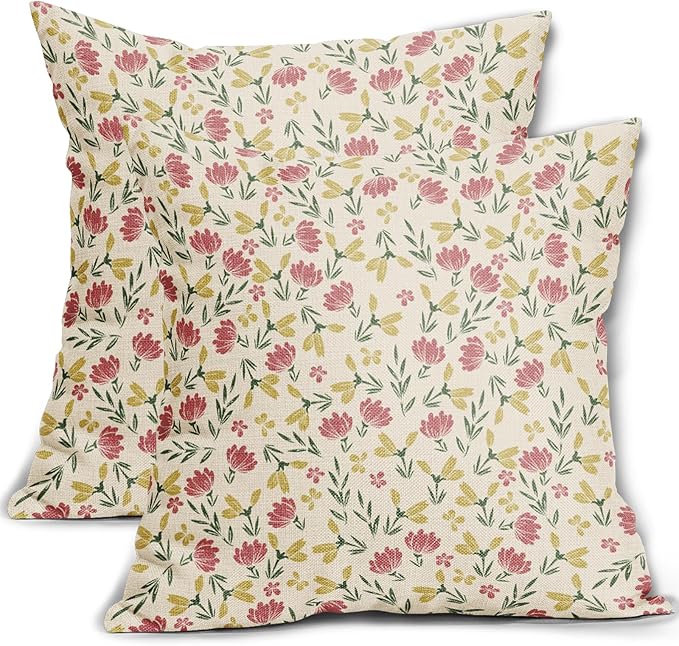 Green Pink Yellow Floral Pillow Covers 20x20 Set of 2 Vintage Rustic Old Style Cute Small Flower Print Decorative Outdoor Pillowcases Farmhouse Throw Cushion Case Decor for Couch Sofa Bed