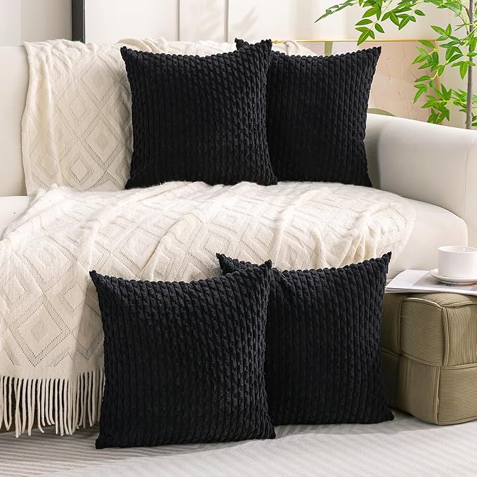 Set of 4 Black Decorative Throw Pillow Covers 18x18 Inch Corduroy Pillow Covers for Bed Couch Sofa Living Room Soft Square Cushion Cases