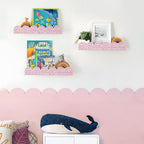 AELS Scalloped Nursery Bookshelf, Set of 3, Picture Ledge Shelf for Wall Decor, Woven Natural Fibre Floating Shelves for Books, Toys, Photo Frame, Nursery, Boho Modern Farmhouse Book Shelf, Pale Pink