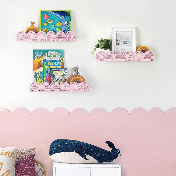 AELS Scalloped Nursery Bookshelf, Set of 3, Picture Ledge Shelf for Wall Decor, Woven Natural Fibre Floating Shelves for Books, Toys, Photo Frame, Nursery, Boho Modern Farmhouse Book Shelf, Pale Pink
