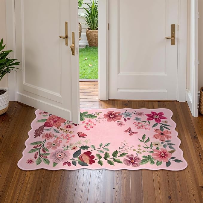Lahome Floral Washable Entryway Rug, 2X3 Soft Kitchen Rugs Non-Slip, Ultra-Thin Door Mat Indoor Entrance Stain Resistant Boho Small Throw Carpet for Bathroom Bedroom Entry Flore, Pink
