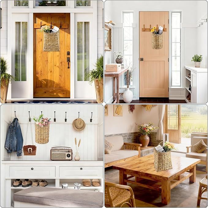 2 Pack Woven Hanging Basket Set, Wicker Wall Baskets Handmade Seagrass Planters for Front Door, Garden, Farmhouse Home Decor