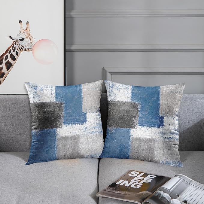 Britimes Throw Pillow Covers Modern Home Art Decor, 18 x 18 Inches Set of 2 Abstract Oil Painting Pillowcases for Bedroom, Living Room, Cushion Couch Sofa, Abstract Blue Grey