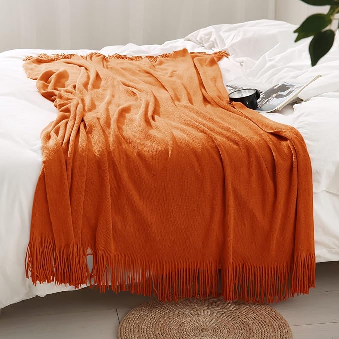 Homiest Decorative Knitted Throw Blanket with Fringe, Lightweight & Soft Acrylic Knit Blanket Tassel for Couch, Sofa, Bed (Dark Orange, 50 x 60 Inch)