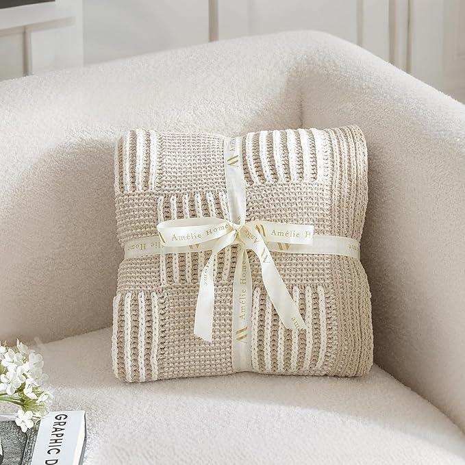 Amélie Home Checkered Knit Throw Blanket for Couch, Chenille Texture Decorative Soft Blanket for Sofa & Chair, 60"x80", Beige & Ivory