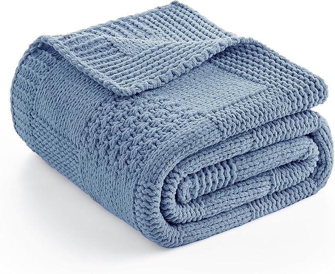 Amélie Home Checkered Chenille Knit Throw Blanket for Couch, Classic Texture Decorative Soft Blanket for Sofa, Chair & Bedroom, 50"x60", Washing Blue