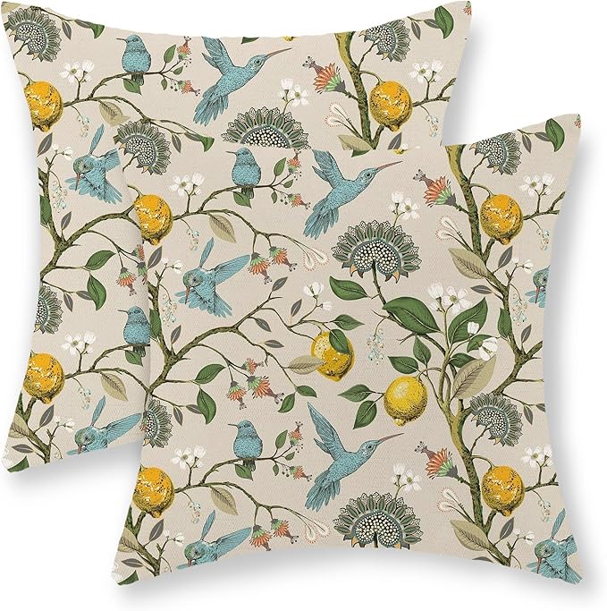 Chinoiserie Pillow Covers 18x18 Set of 2 Blue Green Bird Floral Throw Pillows Vintage Yellow Lemon Flowers Decorations Pillowcase Outdoor Chinoiserie Decor Linen Cushion Case for Couch Home