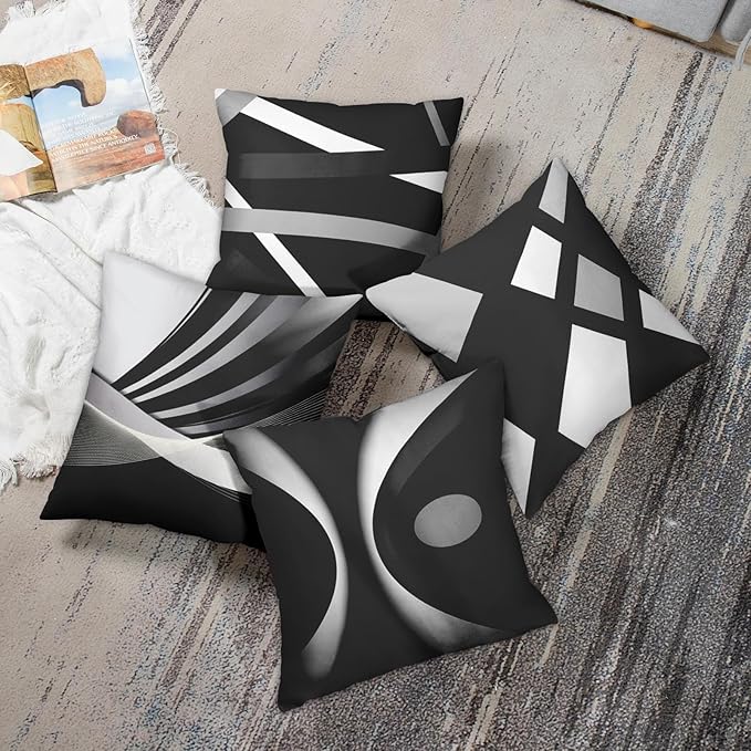 Emvency Set of 4 Black Throw Pillow Covers Modern Abstract Grey Stripes Gray White Acrylic Bold Decorative Pillow Cases Home Decor Square 18x18 Inches Pillowcases
