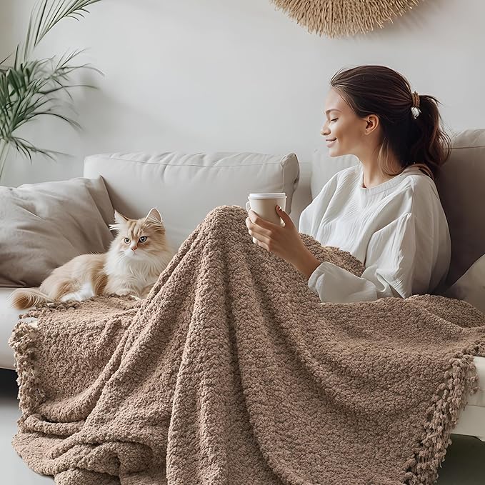 Throw Blanket for Couch, Taupe Tan Luxury Knitted Throws 50"x60", Textured Blankets with Handmade Fringe Tassels for Bed Sofa Decorative, Chunky Soft Farmhouse Boho Home Decor