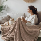 Throw Blanket for Couch, Taupe Tan Luxury Knitted Throws 50"x60", Textured Blankets with Handmade Fringe Tassels for Bed Sofa Decorative, Chunky Soft Farmhouse Boho Home Decor