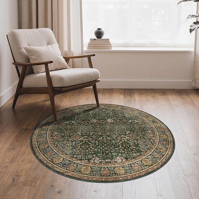 Bavni Round Rug 3ft-Machine Washable Area Rugs Non-Slip for Bedroom, 3x3 Vintage Floral Rug Distressed Throw Carpet for Living Room Nursery Kitchen Bathroom, Dark Green/Multi