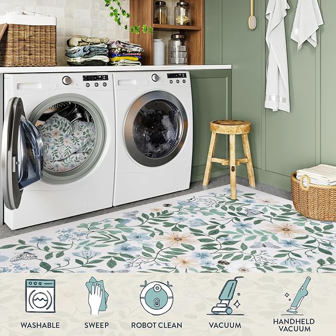 Lahome Reverie 8x10 Blue Boho Dining Room Rug Decor, Washable Area Rug for Living Room, Shabby Chic Floral Floor Carpets for Bedroom, Girls Apartment, Nursery Home Decor