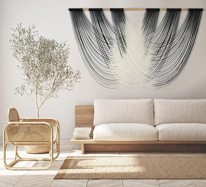 Jakalin Macrame Wall Hanging Black And White Dip Dyed Large Fiber Wall Art Macrame Wall Decor Boho Bedroom Living Room Wall Decor,59" W x 33" L