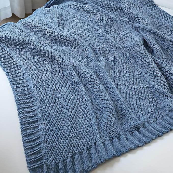 Amélie Home Chevron Chenille Knit Throw Blanket for Couch Bed, Classic Texture Decorative Soft Blanket for Sofa, Chair & Bedroom, 50"x60", Blue