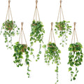 6 Set Mini Fake Hanging Plants with Woven Basket Boho Artificial Ivy Faux Vines Eucalyptus Leaf for Indoor Home Wall Living Room Bathroom Shelf Decor (Round Radish Leaf)