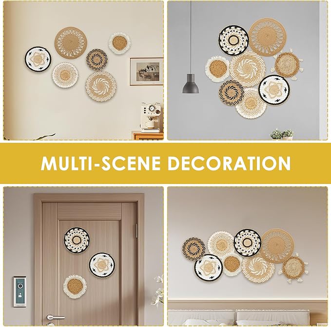 HJJWNDDNG 8 Pack Boho Wall Basket Decor Set, Hanging Woven Seagrass Rattan Wicker Boho Wall Decor, Round Farmhouse Wall Hanging Baskets Rustic Flat Wall Art for Living Room Bedroom Kitchen (Style 8)