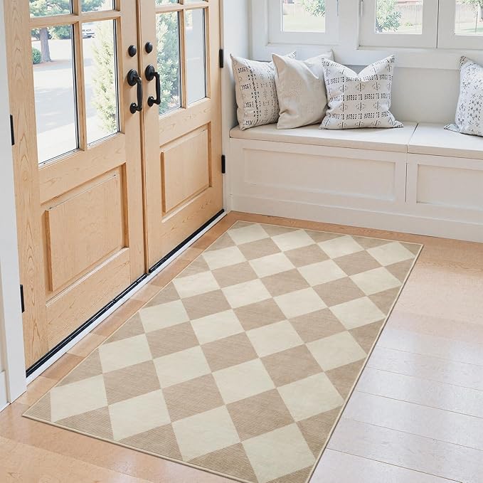 Beeiva Checkered Print 3x5 Washable Area Rug for Bedroom, Non Slip Ultra Thin Beige Entryway Rug Non Shedding Kitchen Rug 3x5, Modern Checkerboard Carpet Plaid Decor for Bathroom Office Nursery