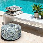 LVTXIII Indoor/Outdoor Inflatable Ottoman with Handle D21 x H9 Inch, Weather-Resistant Round Footstool Pouf for Patio Camping Living Room, Portable Footrest Extra Seating, Coastal Medallion