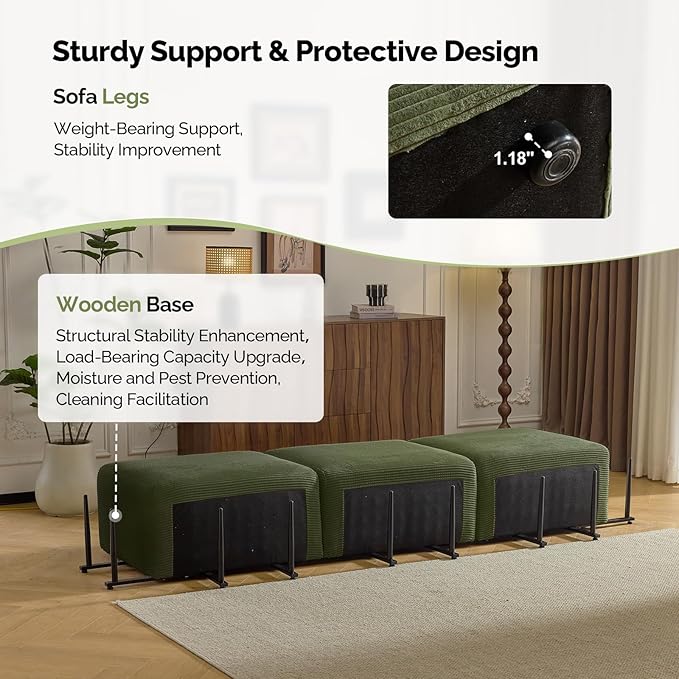 VINGLI 112.2“ Convertible Corduroy Cloud Sectional Couches with Movable Ottoman, L-Shaped Boneless Couches for Living Room with Deep Seat, 3 Seater Modular Spineless Sofa, No Assembly Required, Green
