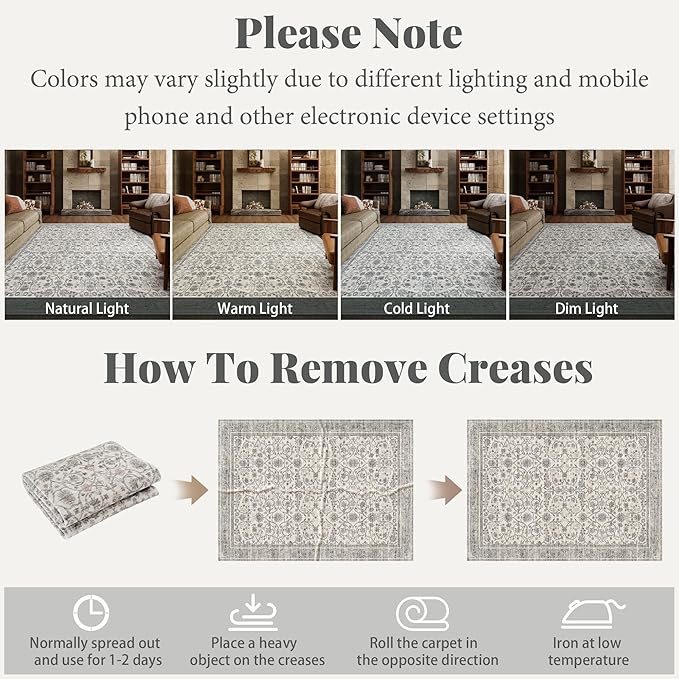 6x9 Washable Rug Vintage Fade Resistant Boho Distressed Non-Slip Indoor Large Carpet Low Pile Lightweight & High-Traffic Safe for Bedroom, Dorm, Playroom - Farmhouse Decor