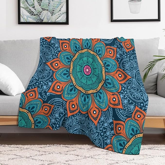 Abstract Mandala Throw Blanket Indian Hippie Bohemian Art Floral Texture Pattern Blanket for Sofa Bed Couch Chair Or Dorm 70"x80"