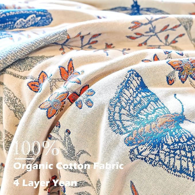Boho Throw Blanket, 100% Organic Cotton Breathable Ultra Soft Bed Quilt Throw - All Season Floral Bird Butterfly Farmhouse Decor Blanket for Sofa Couch Chair and Gift. 60" x 80"