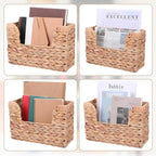 Woven Hanging Magazine Holder Water Hyacinth Storage Basket Wall Mounted Wicker Organizer Boho Modern Farmhouse Book Rack with Handle File Newspaper Mail Holder for Home Office