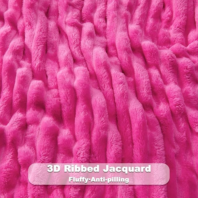 NEWCOSPLAY Super Soft Queen Blanket Hot Pink Premium Silky Flannel Fleece 3D Ribbed Jacquard Lightweight Bed Blanket All Season Use (Hot Pink Ribbed, Queen(90"x90"))
