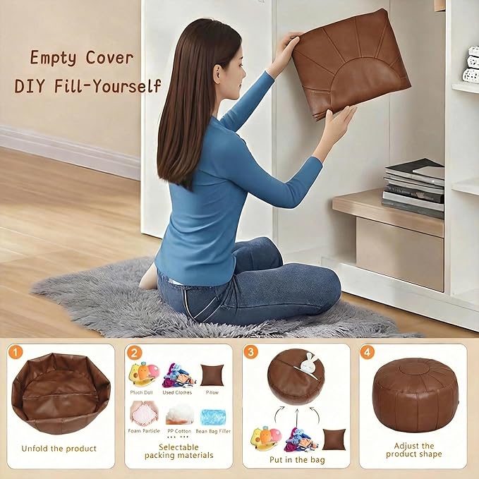 Leather Pouf - 20”Dx12”H, Wash-Free Tech Fabric Pouf Unstuffed Ottoman Moroccan Footstool, Floor Footrest Cushion, Storage Solution, Natural Orange Color Unstuffed Faux Leather Cover (Brown)