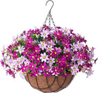 Artificial Flowers with Hanging Planter for Outdoor Decor, Faux Silk Daisy UV Resistant Plants in Basket for Indoor Porch Garden Yard Spring Summer Decor(Violet)