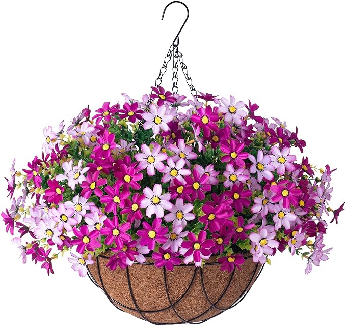 Artificial Flowers with Hanging Planter for Outdoor Decor, Faux Silk Daisy UV Resistant Plants in Basket for Indoor Porch Garden Yard Spring Summer Decor(Violet)