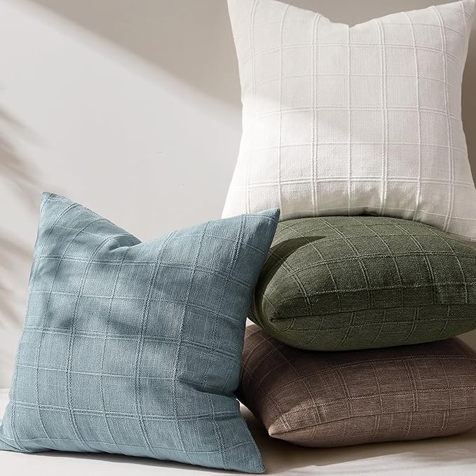 Woaboy Linen Check Throw Pillow Covers Blue Gray Farmhouse Modern Boho Vintage Coastal 20x20 Inch Set of 2 Decorative Cushion Covers for Sofa Couch Bedroom Living Room Home Decor