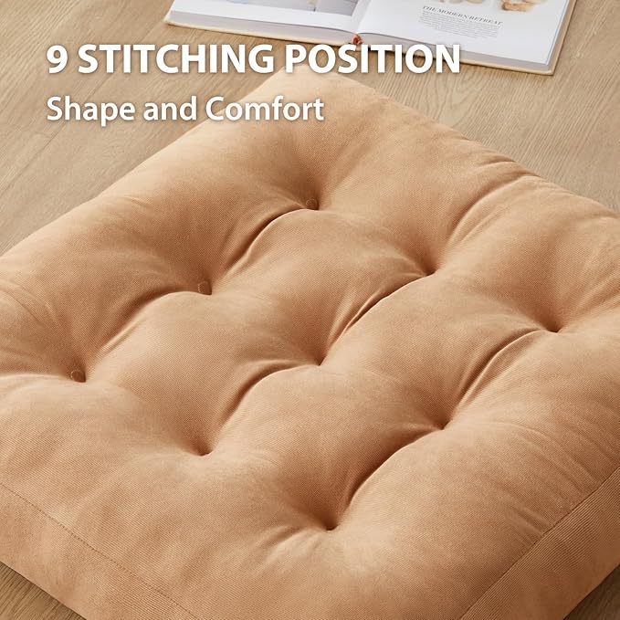 Meditation Floor Pillow Set of 4, Square Large Pillows Seating for Adults, Meditation Cushion Pillow,Tufted Corduroy Cushion for Tatami Living Room or Yoga, Coffee, 22x22 Inch