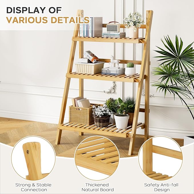 39.4" Foldable Plant Shelf Ladder Shelf, 3 Tier Bamboo Ladder Flower Pot Display Shelf, Freestanding Ladder Bookshelf for Garden, Balcony, Yard, Living Room, 23.6"W x 15"D x 39.4"H, Natural