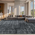 10x14 Area Rugs for Living Room Bedroom, Large Washable Rug, Black Vintage Floral Boho Rug, Non Slip & Low Pile Faux Wool Thin Carpet for Indoor Dining Room and Kids Room(Black 10x14ft)