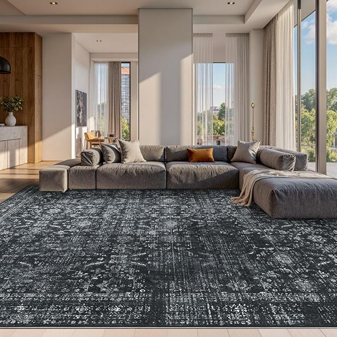 10x14 Area Rugs for Living Room Bedroom, Large Washable Rug, Black Vintage Floral Boho Rug, Non Slip & Low Pile Faux Wool Thin Carpet for Indoor Dining Room and Kids Room(Black 10x14ft)