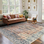 Orange 5x7 Area Rugs for Living Room Bedroom, Washable Rug, Coral Vintage Retro Boho Rug, Non Slip & Low Pile Carpet for Indoor Dining Room, Kids Room, Nursery Room(Coral Blue 5x7ft)