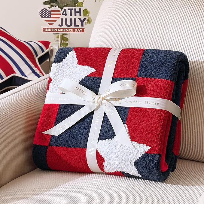 Amélie Home Patriotic Ultra Soft Knit Chenille Throw Blanket - Red White Blue Stars American Flag Pattern Cozy Blankets for Couch, 4th of July Memorial Independence Day Gifts, 50"x60", Red&Blue