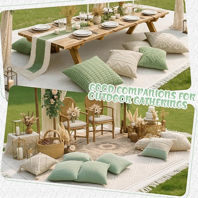 Extra Large Outdoor Boho Picnic Blanket 91'' x 71'' Green Table Runner 6 Throw Pillow Cover Woven Cotton Yarn Oversize Beach Blanket Washable for Picnic Camp Wedding