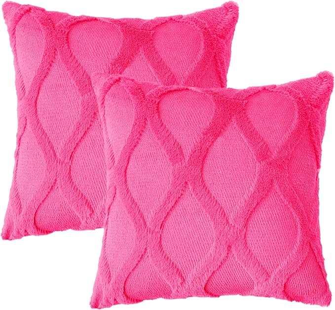 decorUhome Spring Euro Sham Throw Pillow Covers 24x24 Inch Set of 2, Soft Plush Faux Fur Wool Hot Pink Accent Couch Pillow Covers for Modern Farmhouse Bed Sofa Living Room